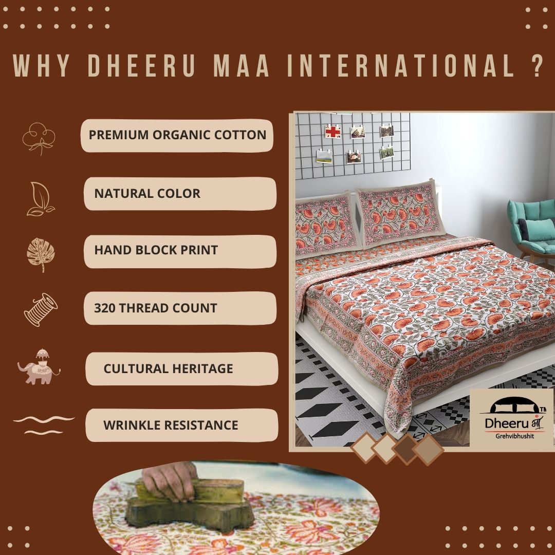 PREMIUM ORGANIC COTTON ANTIQUE SUNSET ORANGE BEDSHEET WITH EMPIRE PLANT BLOCK PRINT – ETHNIC ELEGANCE