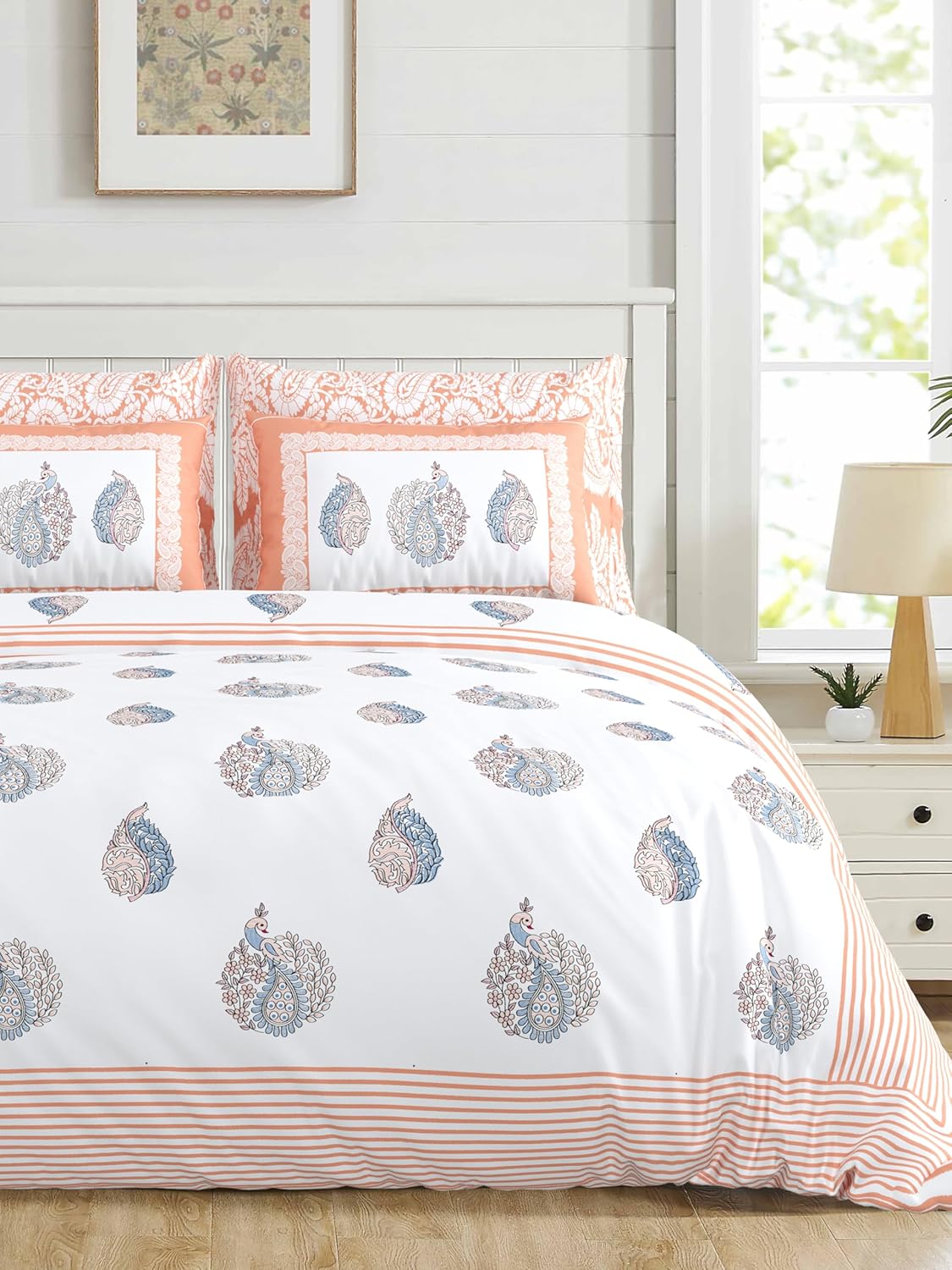 ARTISAN ELEGANCE ANTIQUE IVORY WITH CORAL SCARLET WINGED CREATURE PATTERN PREMIUM ORGANIC COTTON ETHNIC BLOCK PRINTED BEDSHEET