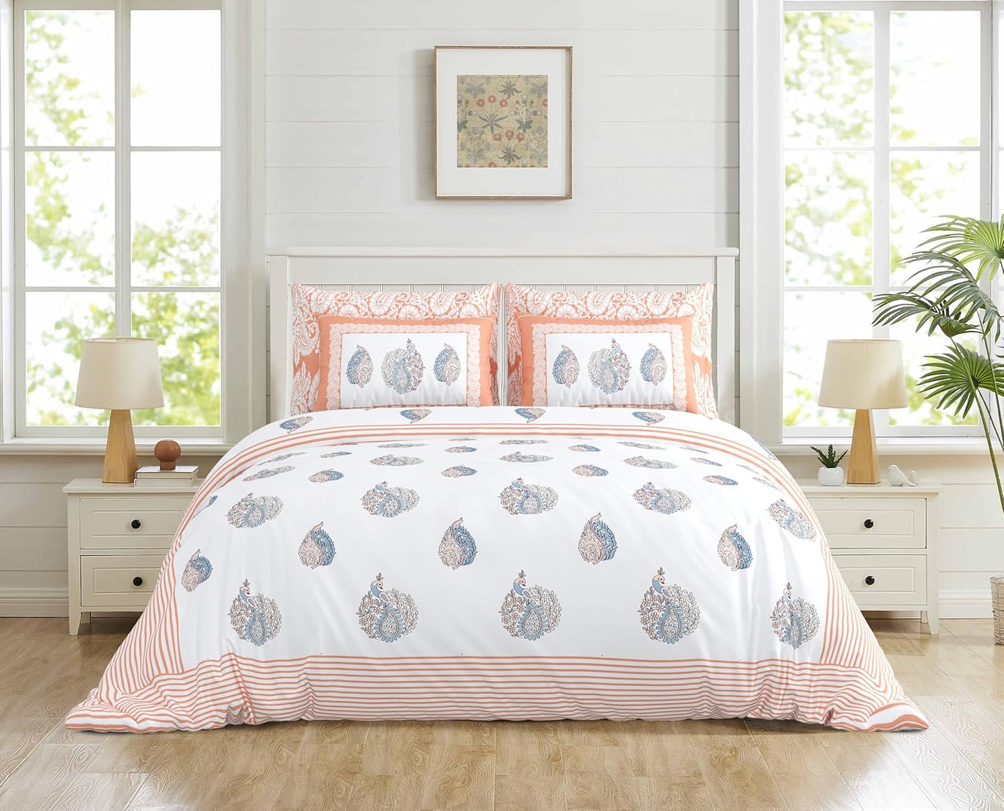 ARTISAN ELEGANCE ANTIQUE IVORY WITH CORAL SCARLET WINGED CREATURE PATTERN PREMIUM ORGANIC COTTON ETHNIC BLOCK PRINTED BEDSHEET