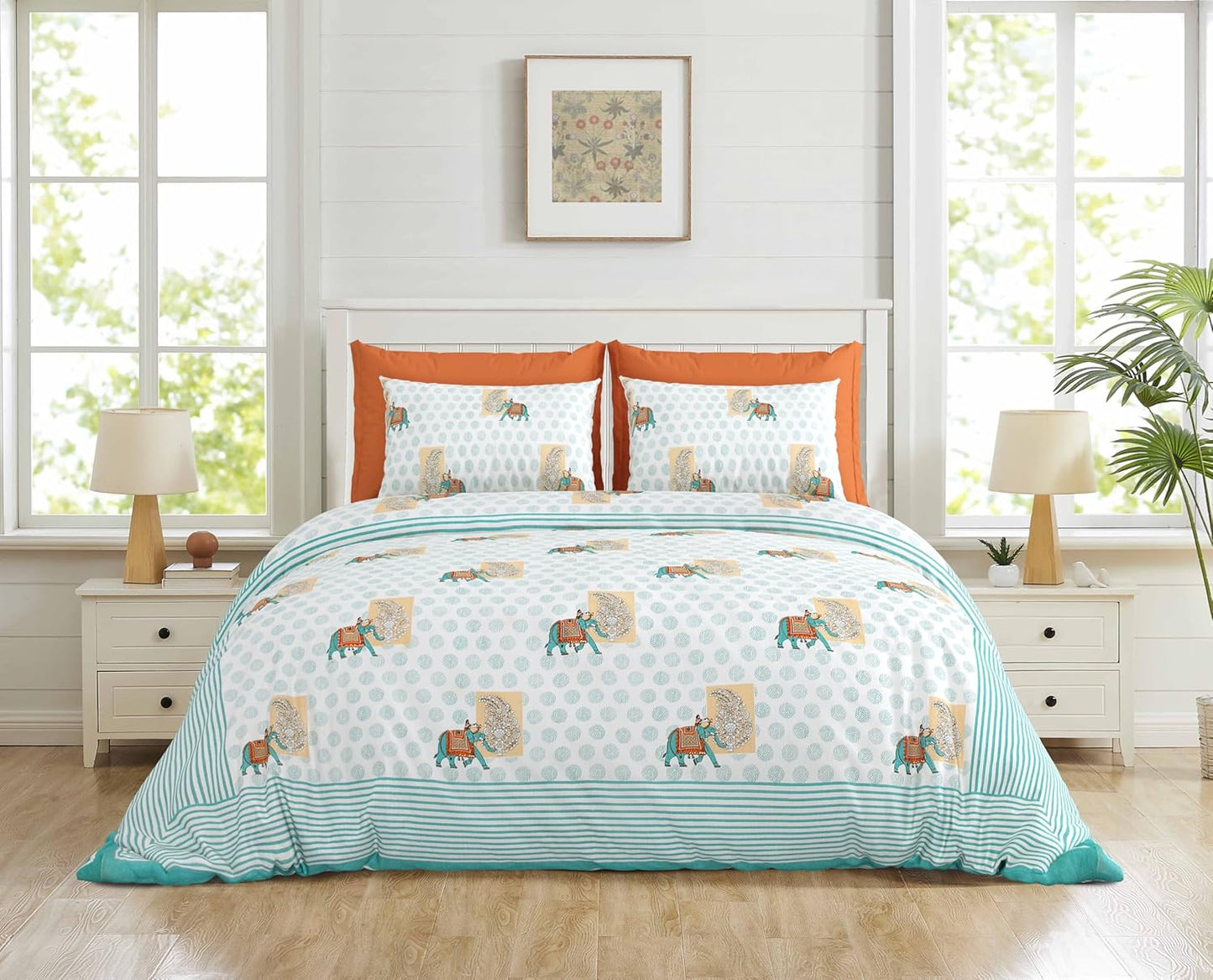 ARTISAN ELEGANCE SAPPHIRE BLUE PACHYDERM PATTERN PREMIUM ORGANIC COTTON ETHNIC BLOCK PRINTED BEDSHEET