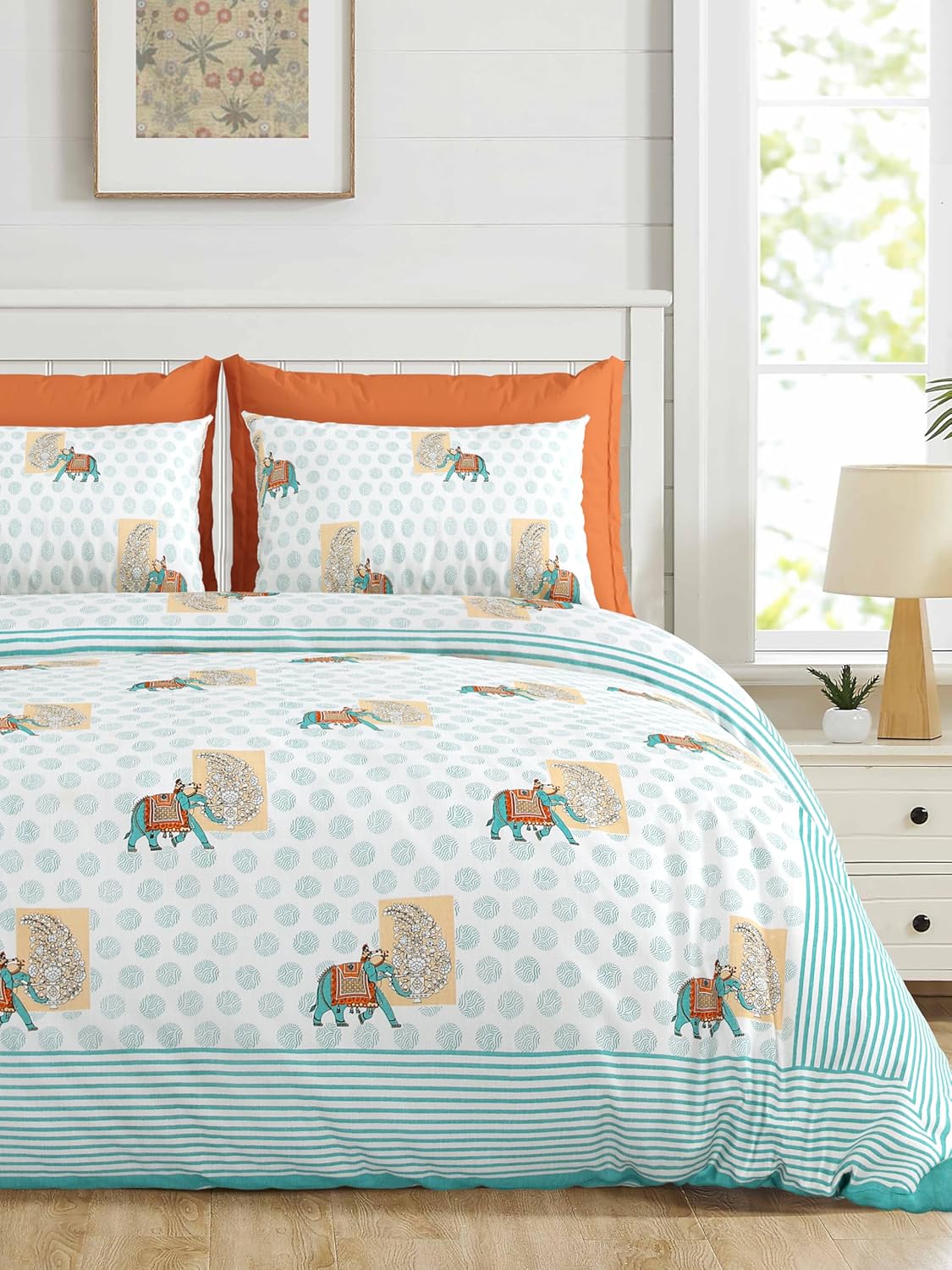 ARTISAN ELEGANCE SAPPHIRE BLUE PACHYDERM PATTERN PREMIUM ORGANIC COTTON ETHNIC BLOCK PRINTED BEDSHEET