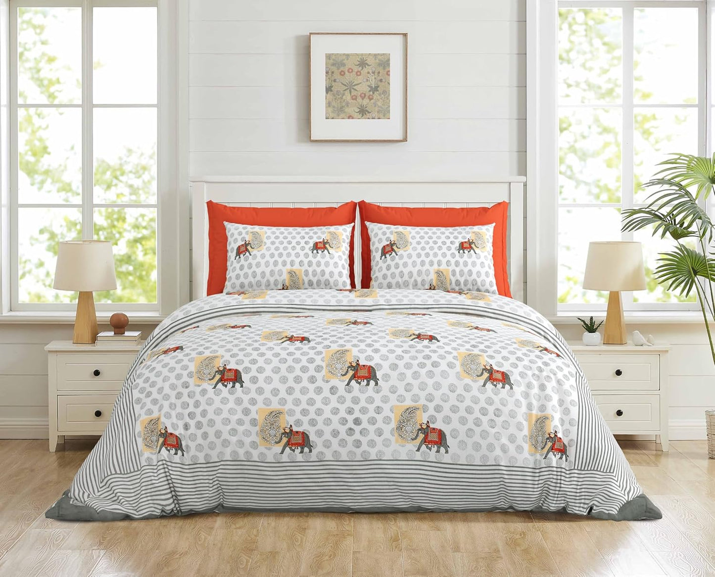 ARTISAN ELEGANCE TITANIUM PACHYDERM PATTERN ASH PREMIUM ORGANIC COTTON ETHNIC BLOCK PRINTED BEDSHEET