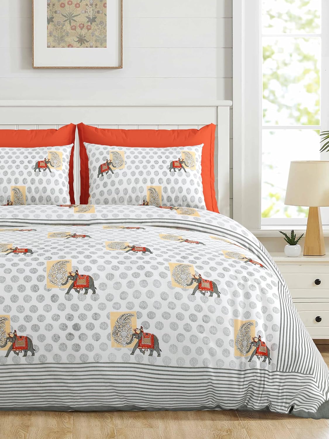 ARTISAN ELEGANCE TITANIUM PACHYDERM PATTERN ASH PREMIUM ORGANIC COTTON ETHNIC BLOCK PRINTED BEDSHEET