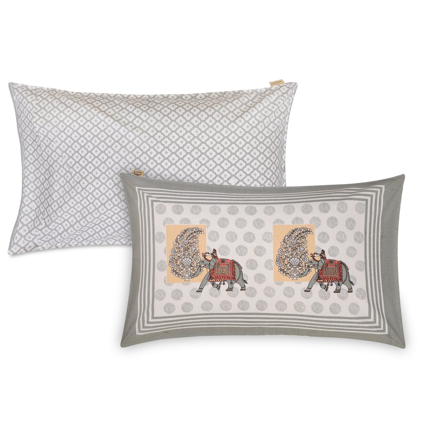 ARTISAN ELEGANCE TITANIUM PACHYDERM PATTERN ASH PREMIUM ORGANIC COTTON ETHNIC BLOCK PRINTED BEDSHEET