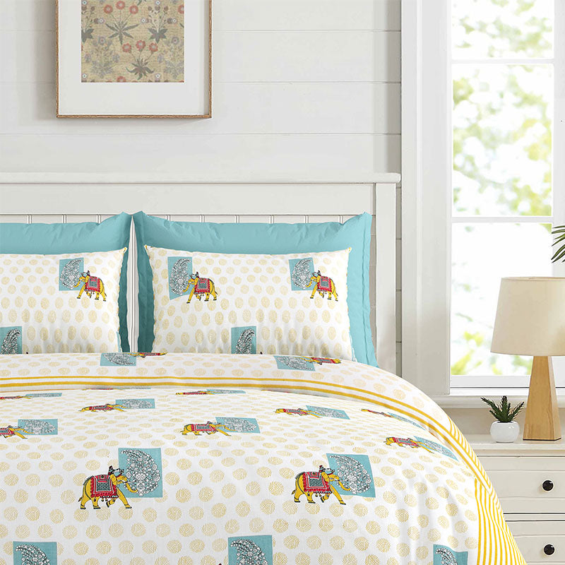 ARTISAN ELEGANCE GOLDEN YELLOW IMPERIAL TOPAZ PACHYDERM PATTERN PREMIUM ORGANIC COTTON ETHNIC BLOCK PRINTED BEDSHEET