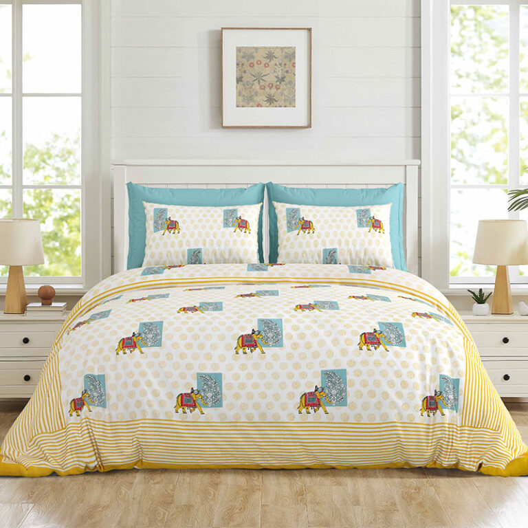 ARTISAN ELEGANCE GOLDEN YELLOW IMPERIAL TOPAZ PACHYDERM PATTERN PREMIUM ORGANIC COTTON ETHNIC BLOCK PRINTED BEDSHEET