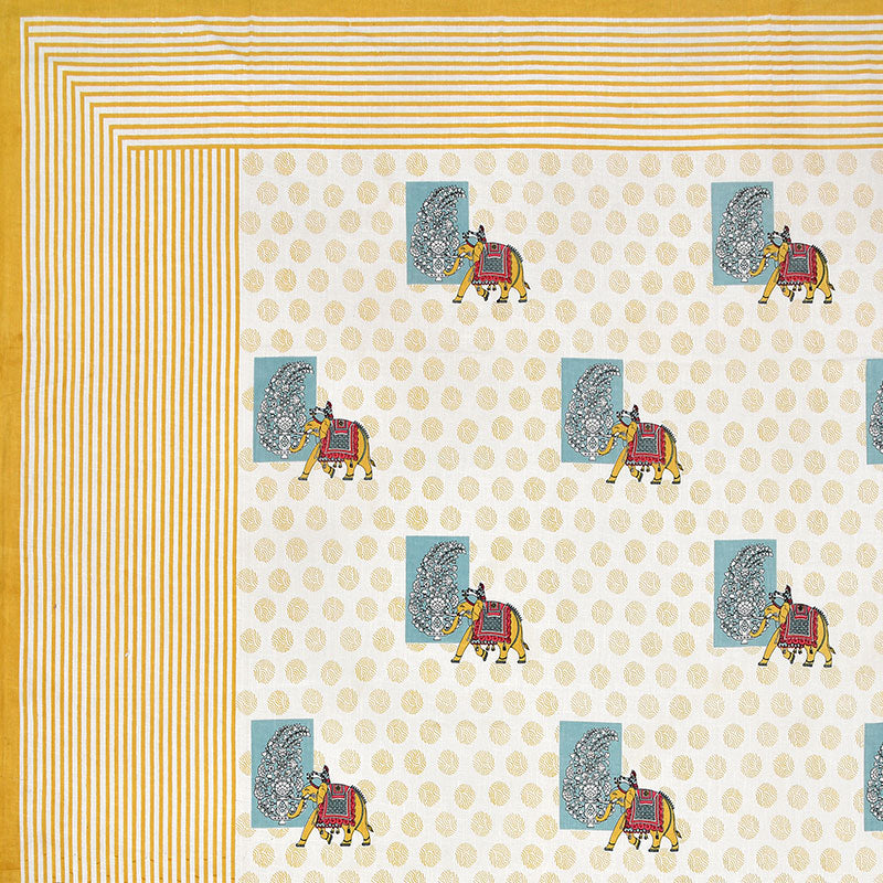 ARTISAN ELEGANCE GOLDEN YELLOW IMPERIAL TOPAZ PACHYDERM PATTERN PREMIUM ORGANIC COTTON ETHNIC BLOCK PRINTED BEDSHEET