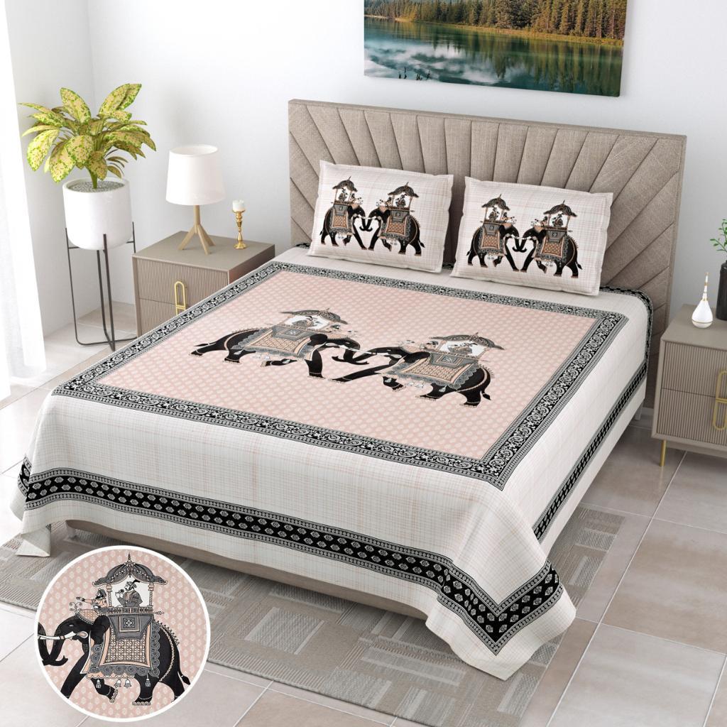 AUTHENTIC RAJASTHANI EMPIRE QUADRUPED CREATURE IN PALE ORANGE COLOR WITH CHAIN BORDER BEDSHEET
