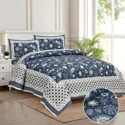 HANDCRAFTED KATHA PRINT ORGANIC COTTON BEDSHEET -INTRICATE AND ARTISANAL CRAFT