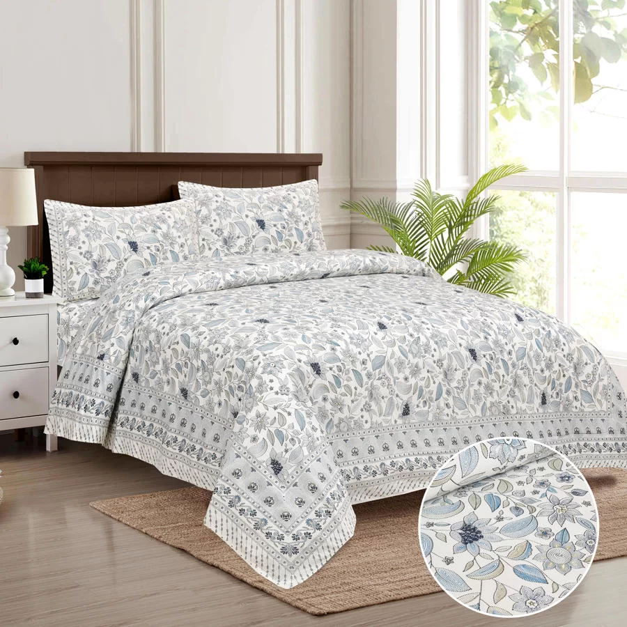 HANDCRAFTED KATHA PRINT ORGANIC COTTON BEDSHEET -INTRICATE AND ARTISANAL CRAFT