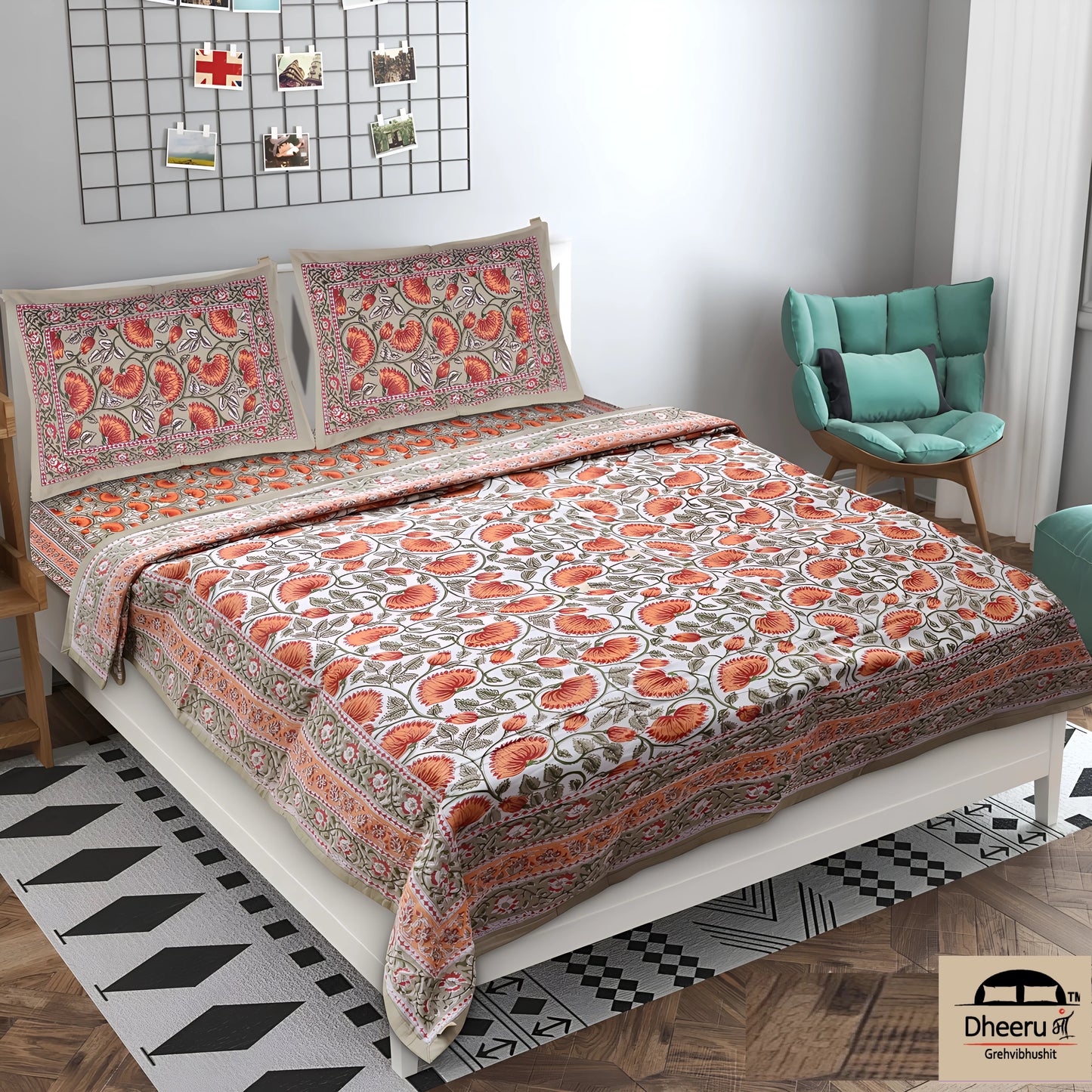 PREMIUM ORGANIC COTTON ANTIQUE SUNSET ORANGE BEDSHEET WITH EMPIRE PLANT BLOCK PRINT – ETHNIC ELEGANCE