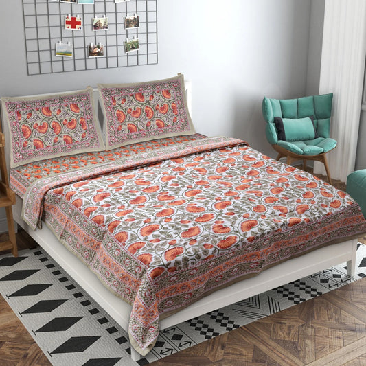 PREMIUM ORGANIC COTTON ANTIQUE SUNSET ORANGE BEDSHEET WITH EMPIRE PLANT BLOCK PRINT – ETHNIC ELEGANCE