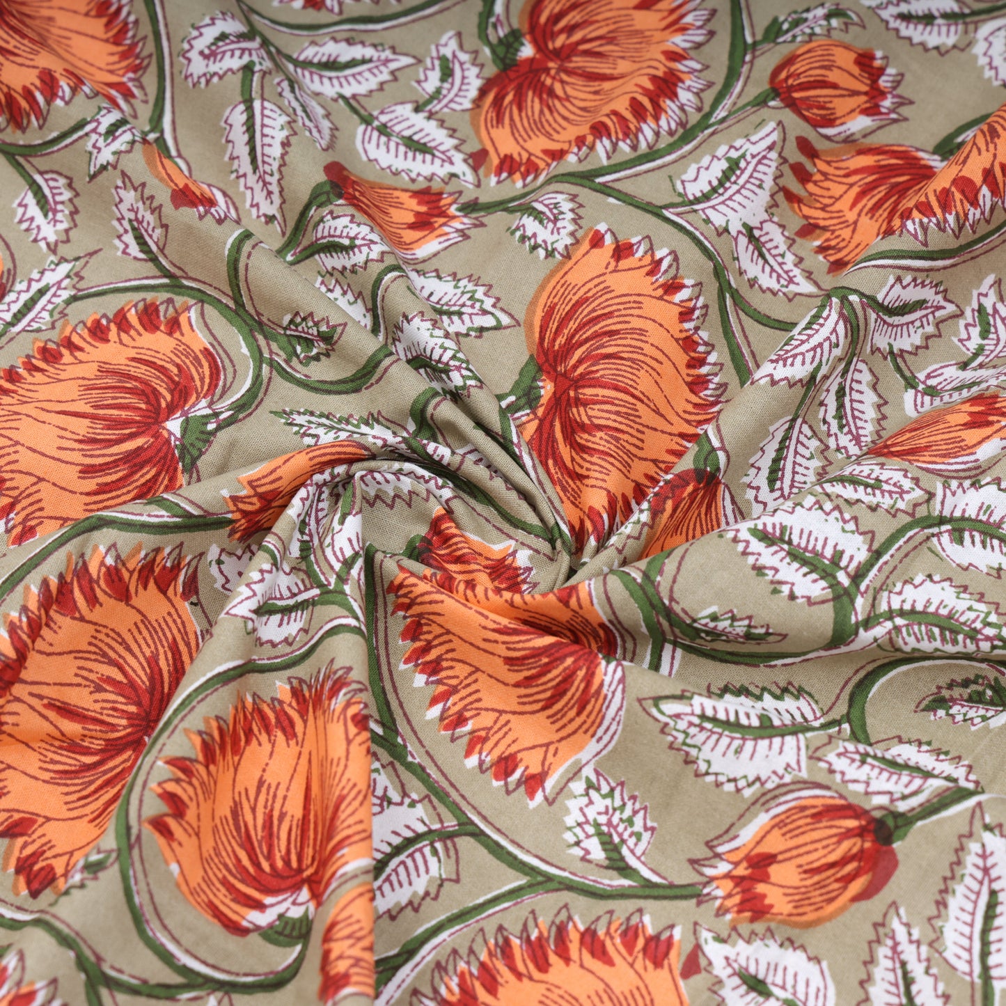 PREMIUM ORGANIC COTTON ANTIQUE SUNSET ORANGE BEDSHEET WITH EMPIRE PLANT BLOCK PRINT – ETHNIC ELEGANCE