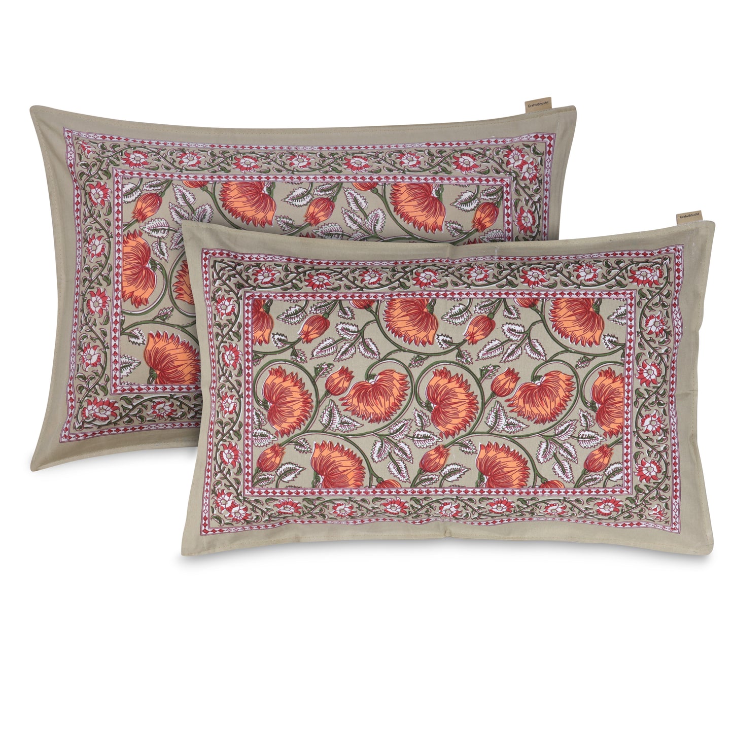 PREMIUM ORGANIC COTTON ANTIQUE SUNSET ORANGE BEDSHEET WITH EMPIRE PLANT BLOCK PRINT – ETHNIC ELEGANCE