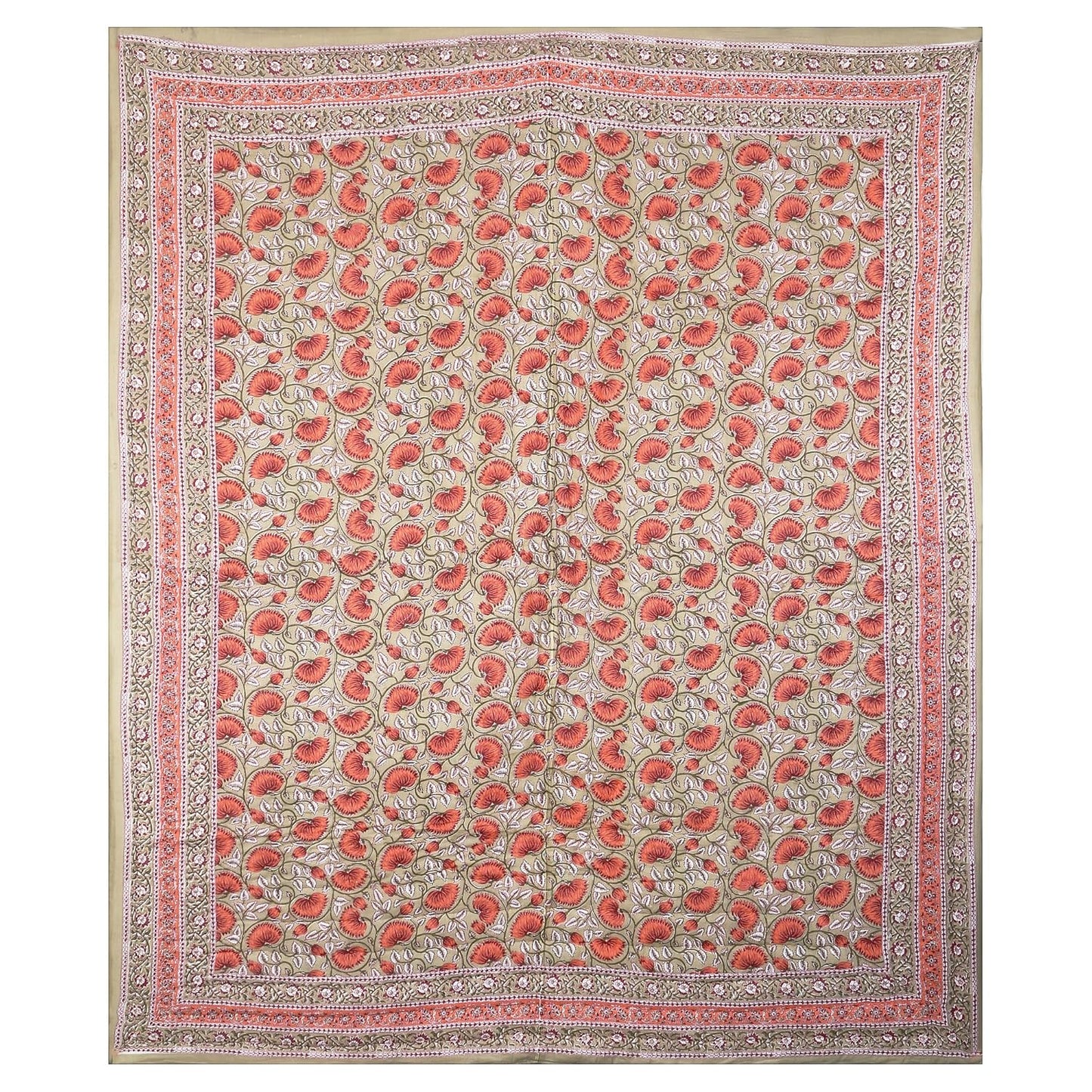 PREMIUM ORGANIC COTTON ANTIQUE SUNSET ORANGE BEDSHEET WITH EMPIRE PLANT BLOCK PRINT – ETHNIC ELEGANCE