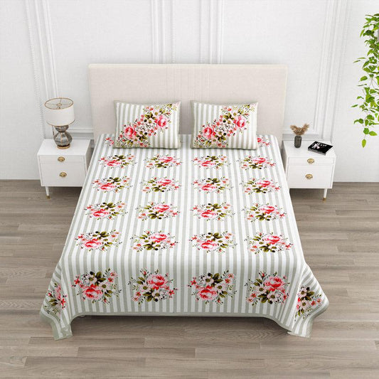 FUCHSIA AND SCARLET  BOTANICAL BOUQUET WITH SLATE HUE MATHEMATICAL STRIPE PREMIUM ORGANIC COTTON BEDSHEET