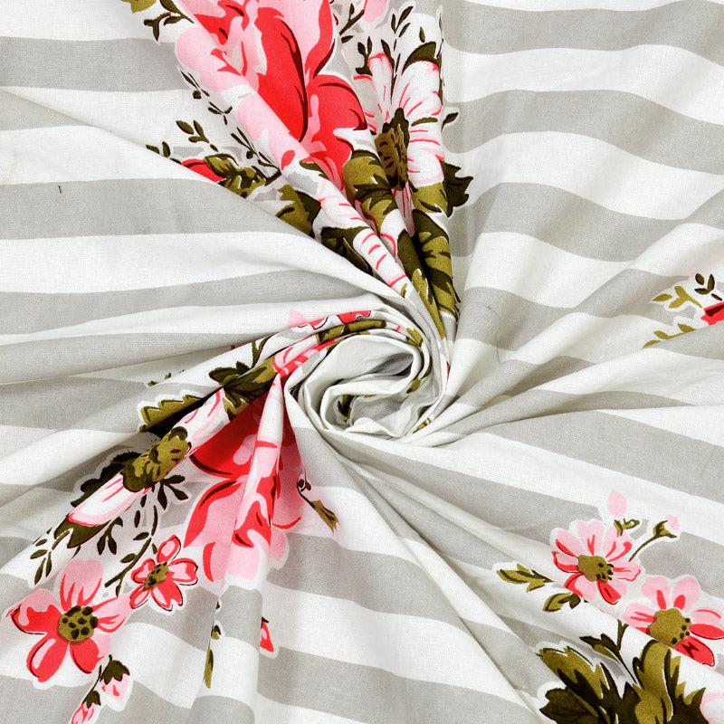 FUCHSIA AND SCARLET BOTANICAL BOUQUET WITH SLATE HUE MATHEMATICAL STRIPE PREMIUM ORGANIC COTTON BEDSHEET