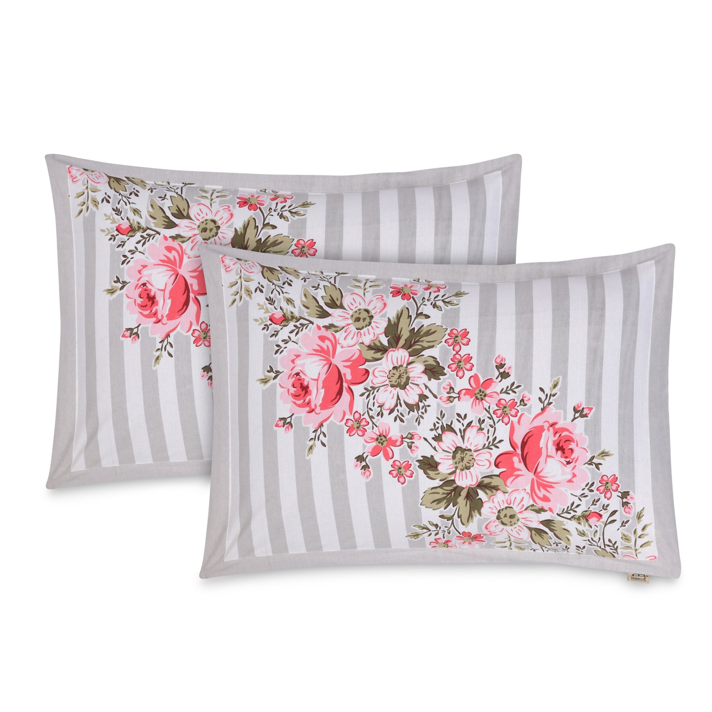 FUCHSIA AND SCARLET BOTANICAL BOUQUET WITH SLATE HUE MATHEMATICAL STRIPE PREMIUM ORGANIC COTTON BEDSHEET