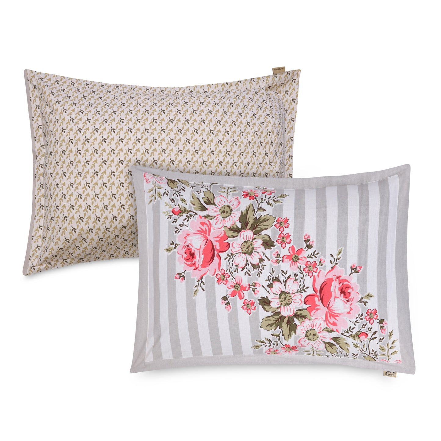 FUCHSIA AND SCARLET BOTANICAL BOUQUET WITH SLATE HUE MATHEMATICAL STRIPE PREMIUM ORGANIC COTTON BEDSHEET