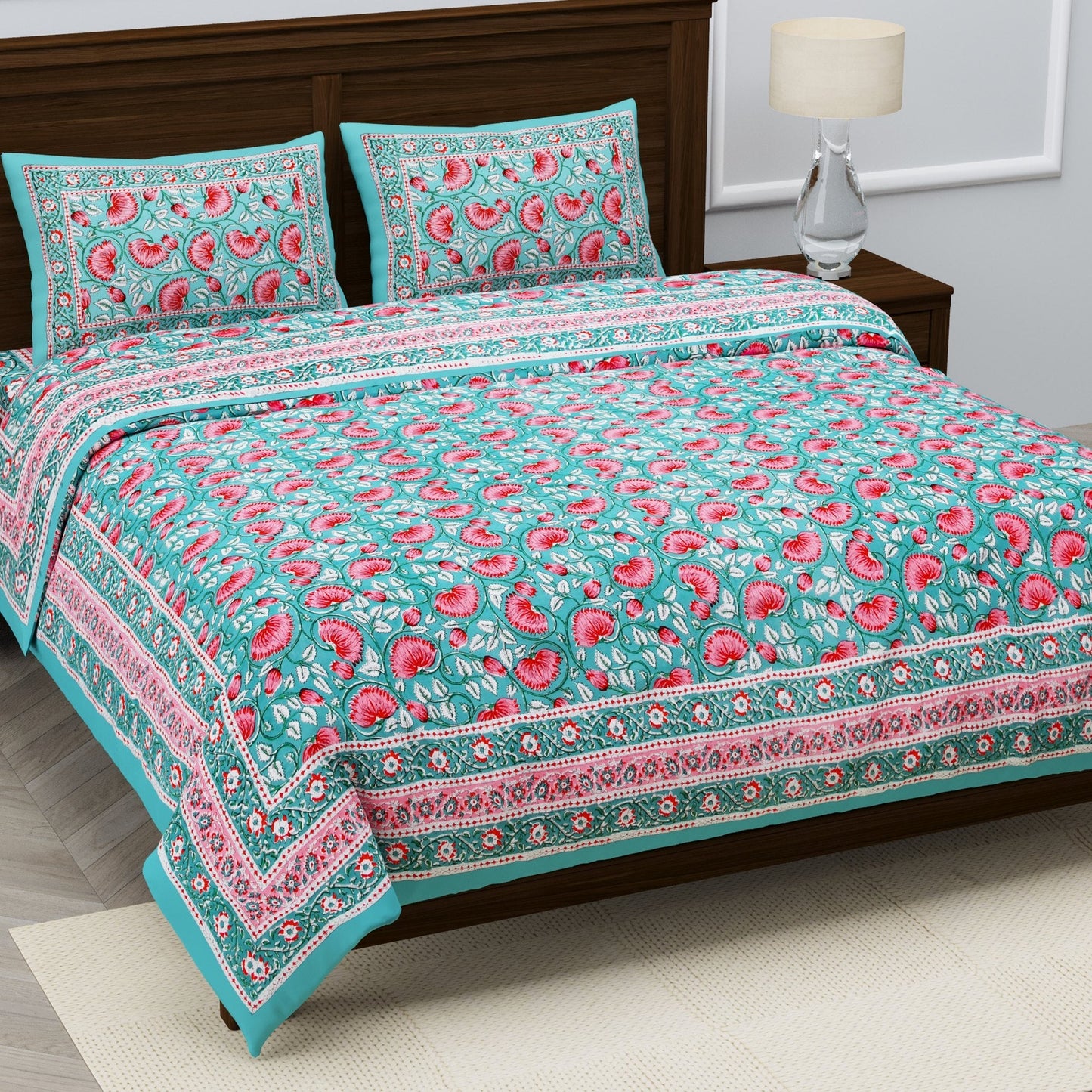 PREMIUM ORGANIC COTTON ANTIQUE TURQUOISE GREEN BEDSHEET WITH EMPIRE PLANT BLOCK PRINT – ETHNIC ELEGANCE