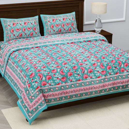 PREMIUM ORGANIC COTTON ANTIQUE TURQUOISE GREEN BEDSHEET WITH EMPIRE PLANT BLOCK PRINT – ETHNIC ELEGANCE
