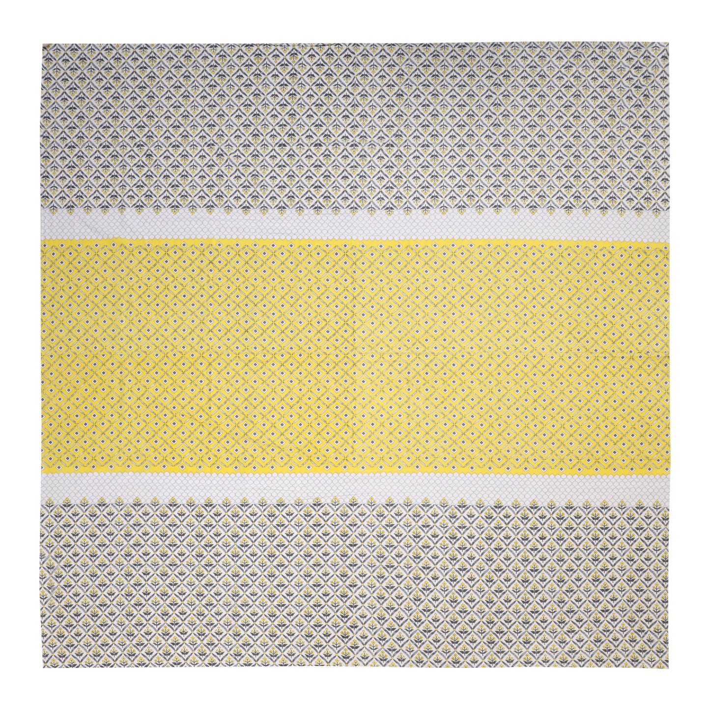 LUMINOUS YELLOW MATHEMATICAL ABSTRACT & SLATE HEU EMPIRE PLANT HAND BLOCK PATTERN ORGANIC COTTON ETHNIC BEDSHEET
