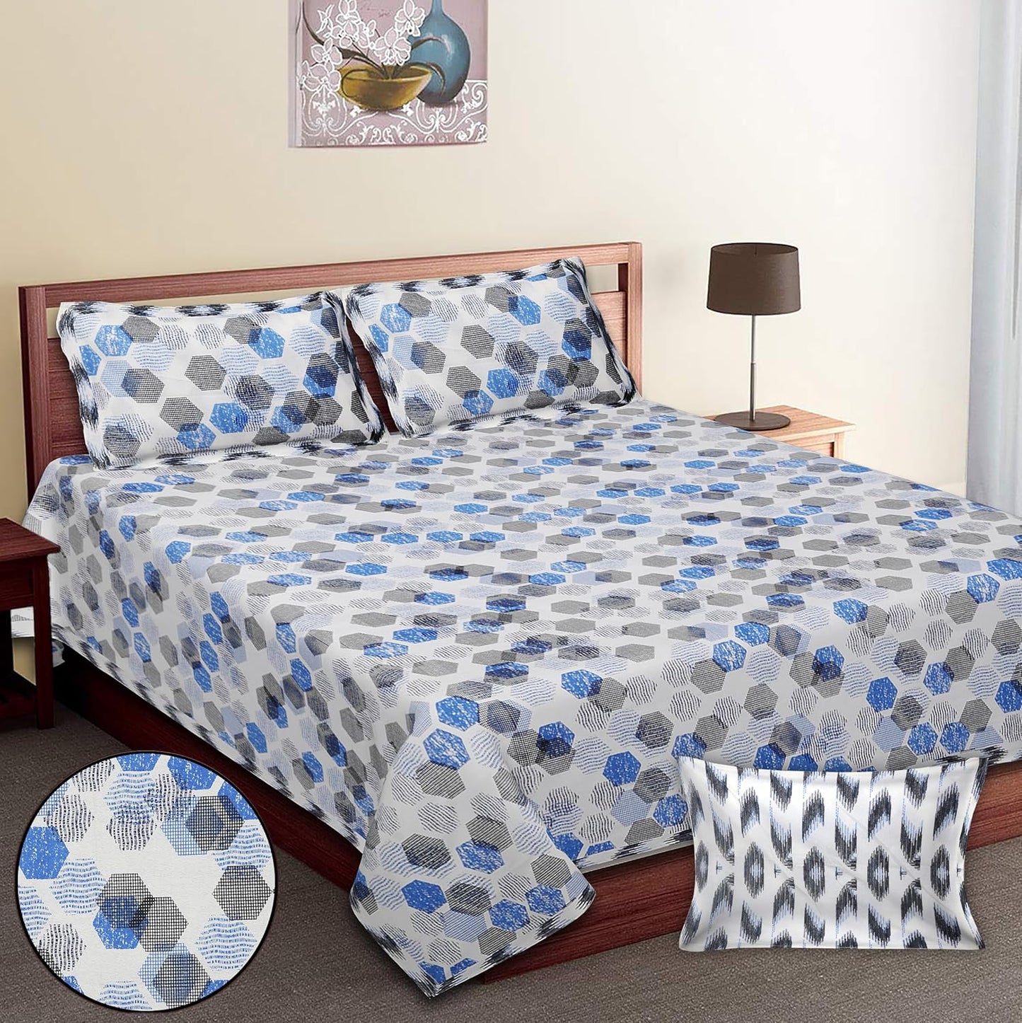 HONEYCOMB GEOMETRICAL PATTERN BEDSHEET IN PRUSSIAN BLUE AND MIDNIGHT COLOR COLLECTION PREMIUM ORGANIC COTTON ETHNIC PRINTED BEDSHEET.