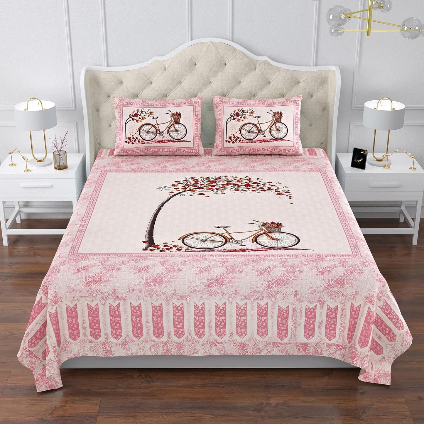 PREMIUM ORGANIC COTTON BEDSHEET LUXURIOUS BYCYCLE UNDER MAPLE TREE IN AUTUMN WITH NATURE THEMED PATTERN FEATURES A FLUORESCENT FUCHSIA COLOR