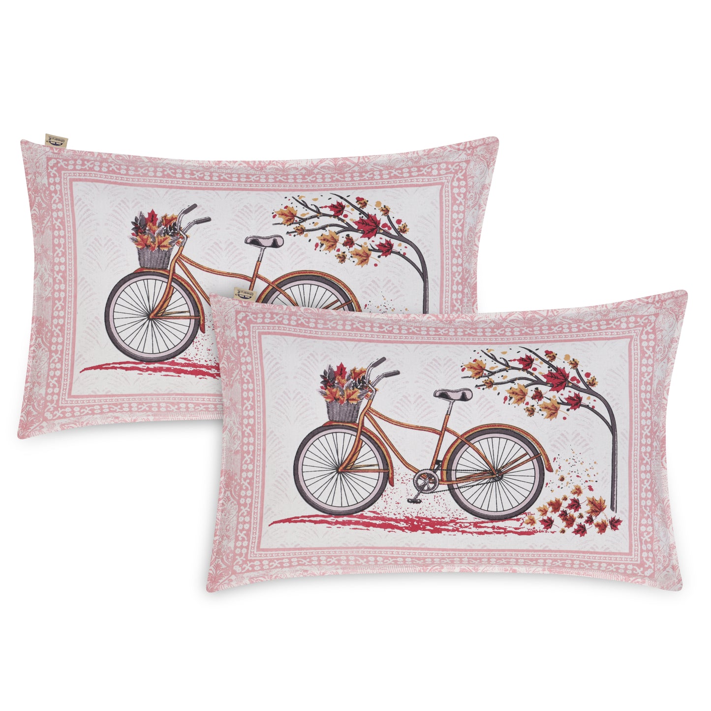 PREMIUM ORGANIC COTTON BEDSHEET LUXURIOUS BYCYCLE UNDER MAPLE TREE IN AUTUMN WITH NATURE THEMED PATTERN FEATURES A FLUORESCENT FUCHSIA COLOR