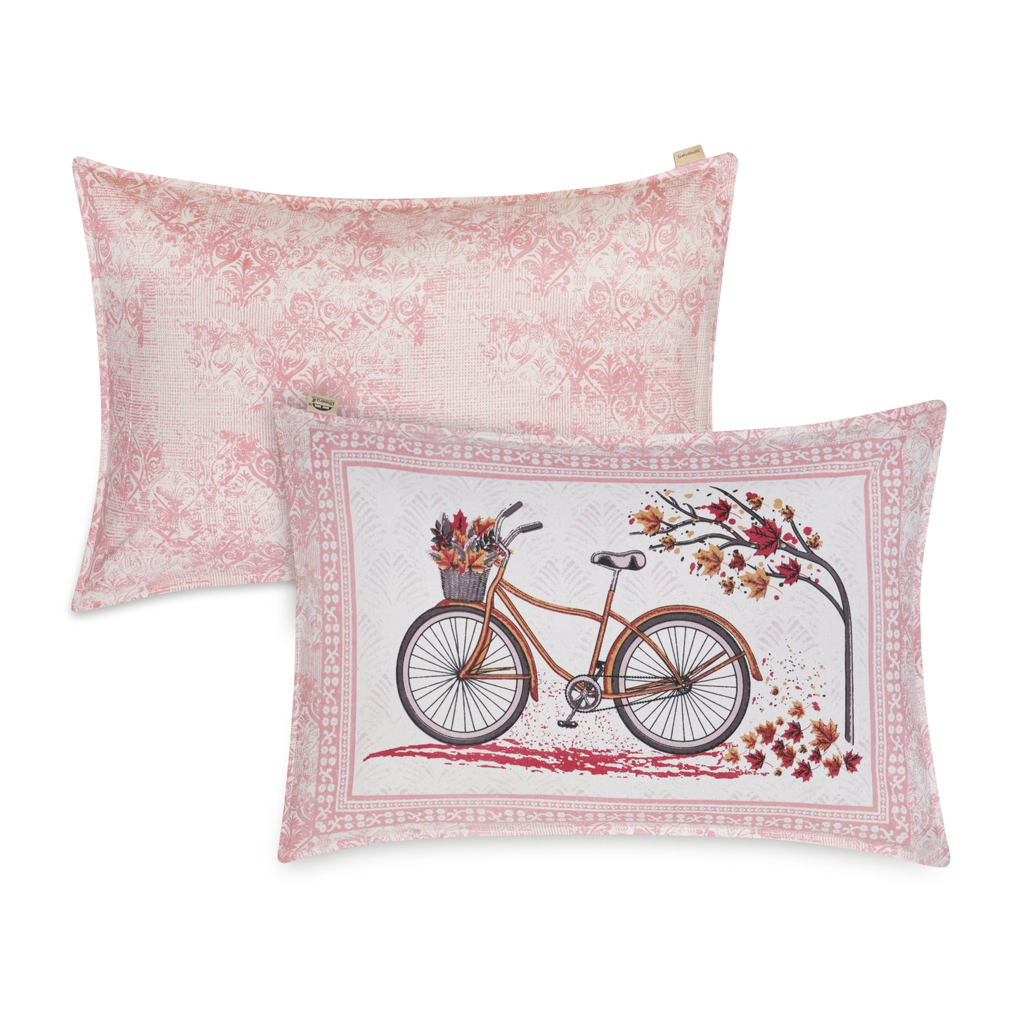 PREMIUM ORGANIC COTTON BEDSHEET LUXURIOUS BYCYCLE UNDER MAPLE TREE IN AUTUMN WITH NATURE THEMED PATTERN FEATURES A FLUORESCENT FUCHSIA COLOR