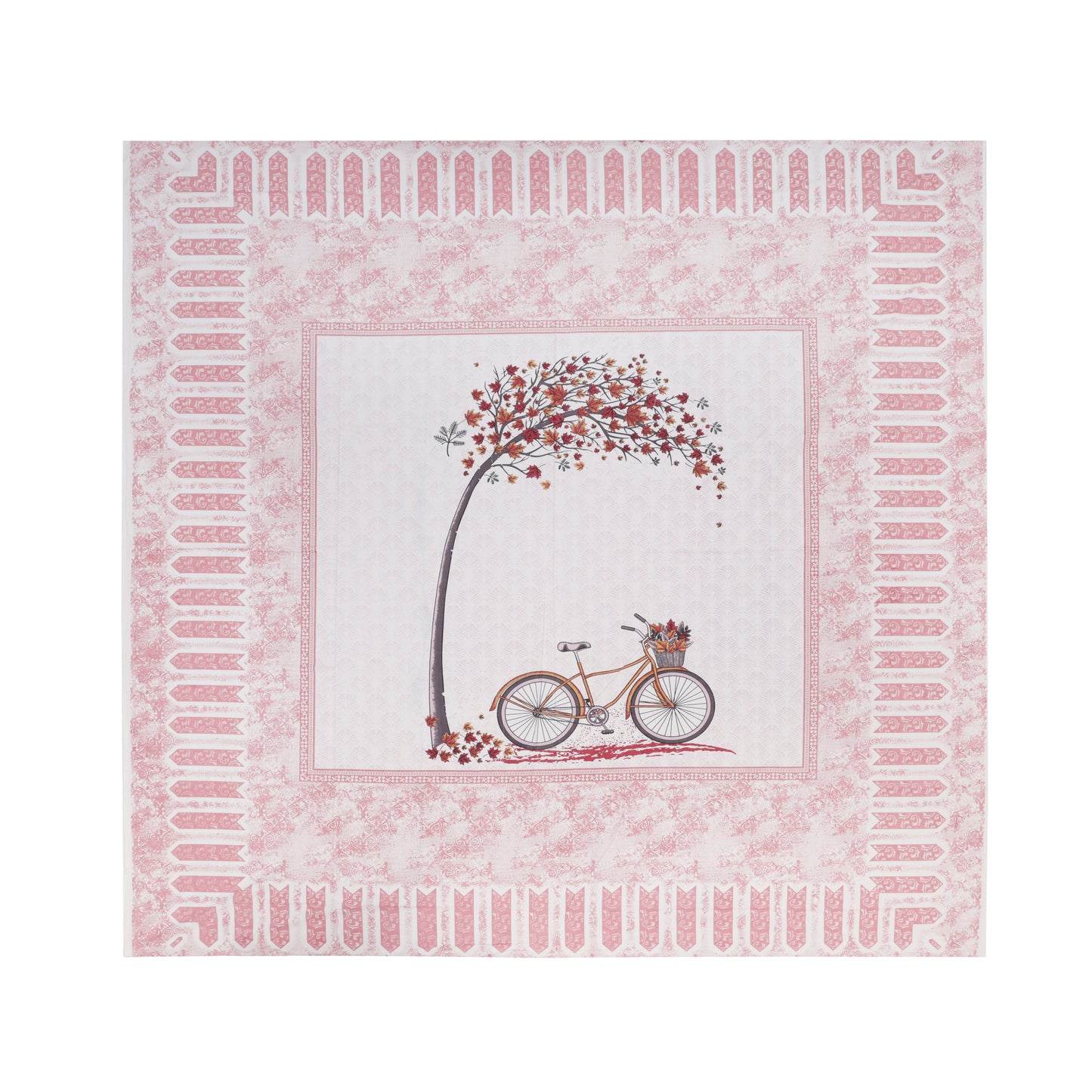 PREMIUM ORGANIC COTTON BEDSHEET LUXURIOUS BYCYCLE UNDER MAPLE TREE IN AUTUMN WITH NATURE THEMED PATTERN FEATURES A FLUORESCENT FUCHSIA COLOR