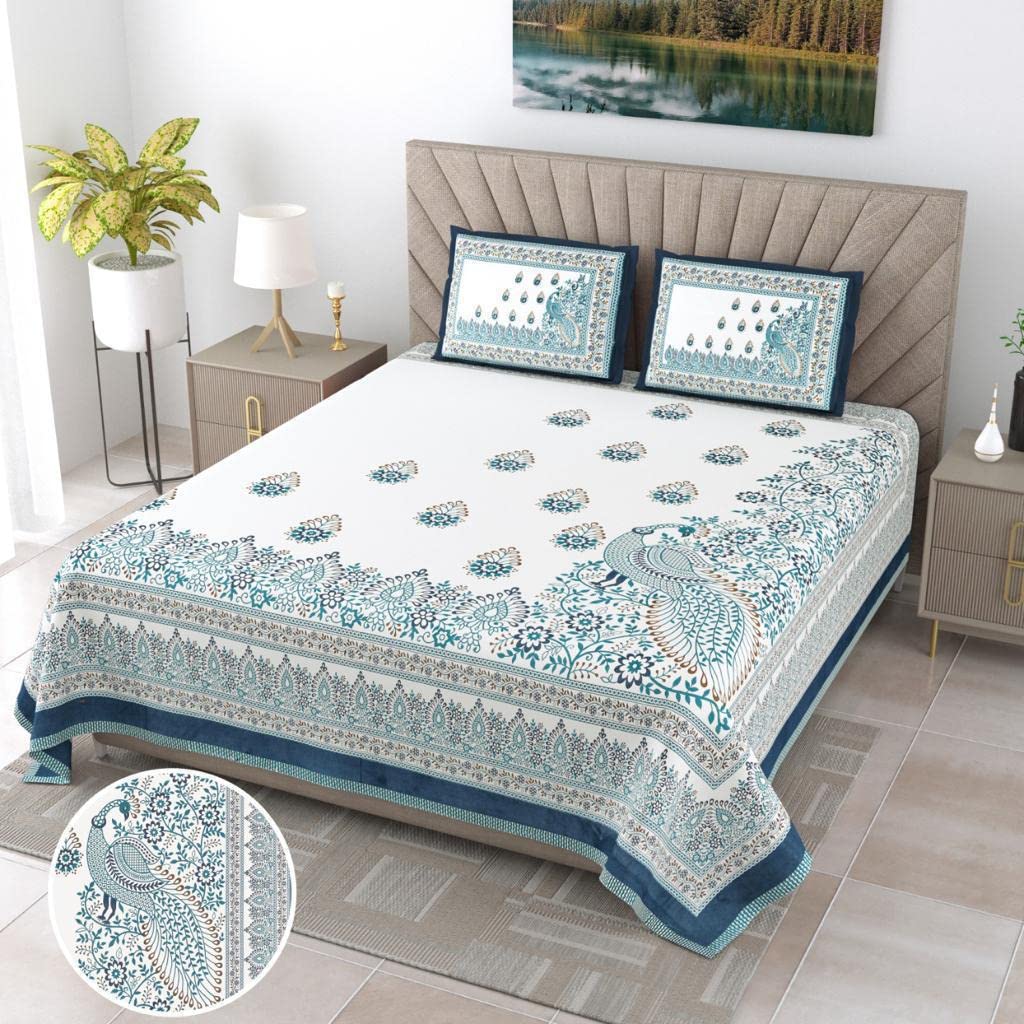 PREMIUM ORGANIC COTTON BEDSHEET LUXURIOUS NAVY BLUE AUTHENTIC TRIBAL WING CREATURE WITH HENNA FOREST LEAF BELL BORDER BEDSHEET NATURE THEMED PATTERN.