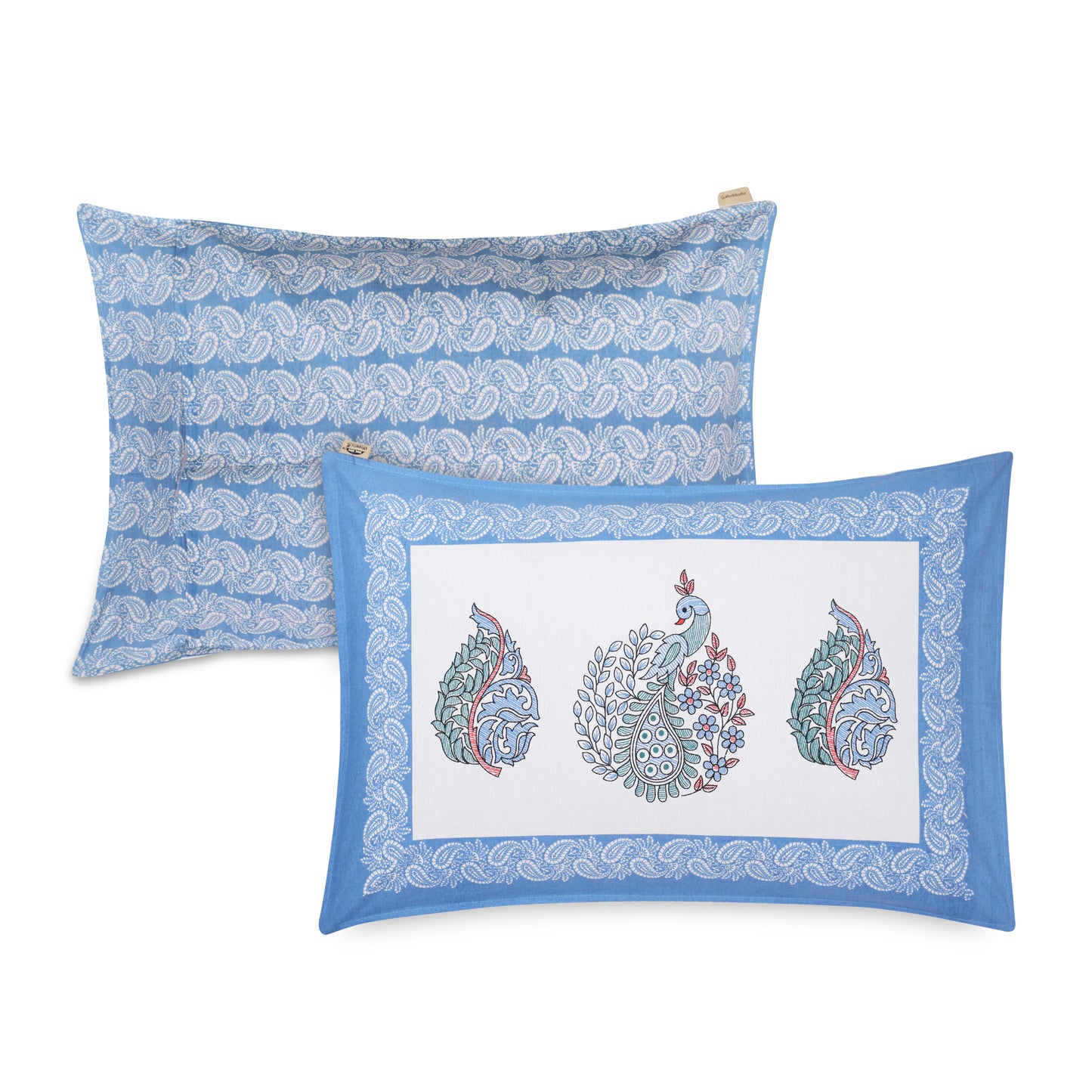 ARTISAN ELEGANCE ANTIQUE IVORY WITH PRUSSIAN BLUE WINGED CREATURE PATTERN PREMIUM ORGANIC COTTON ETHNIC BLOCK PRINTED BEDSHEET