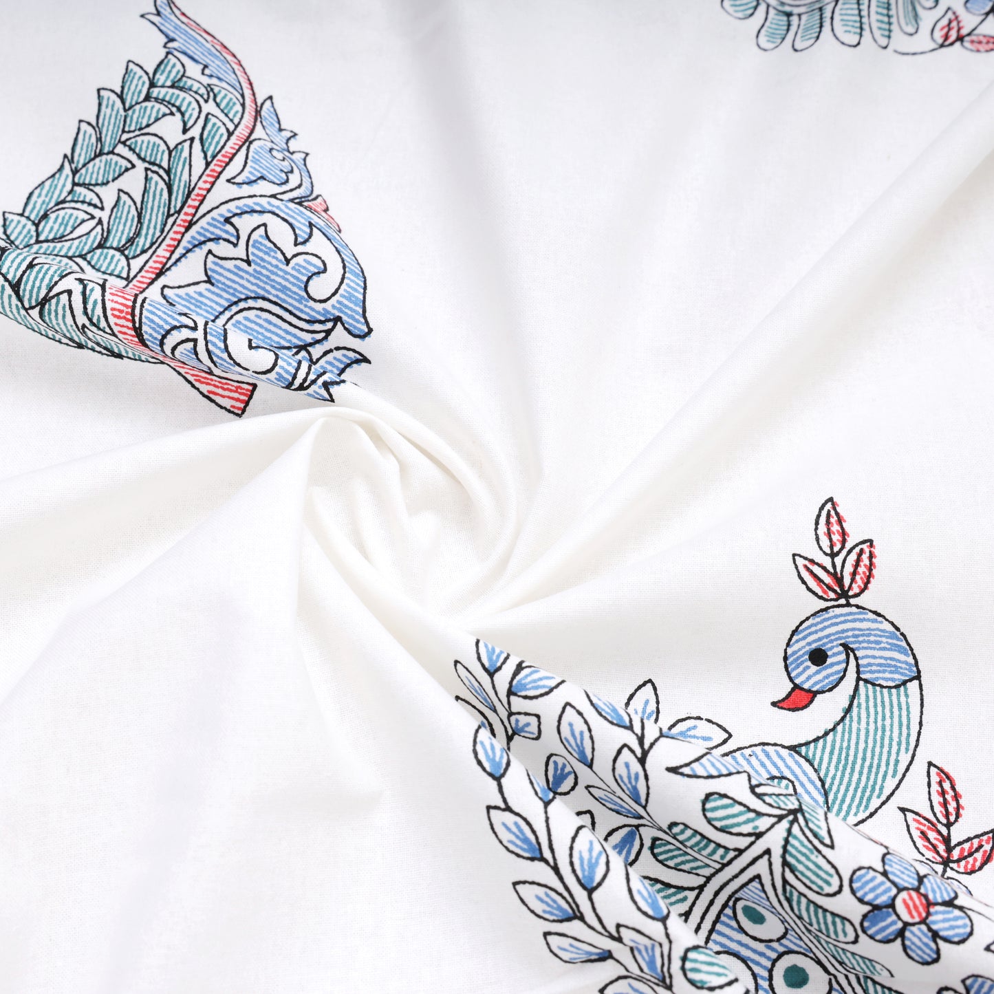ARTISAN ELEGANCE ANTIQUE IVORY WITH PRUSSIAN BLUE WINGED CREATURE PATTERN PREMIUM ORGANIC COTTON ETHNIC BLOCK PRINTED BEDSHEET