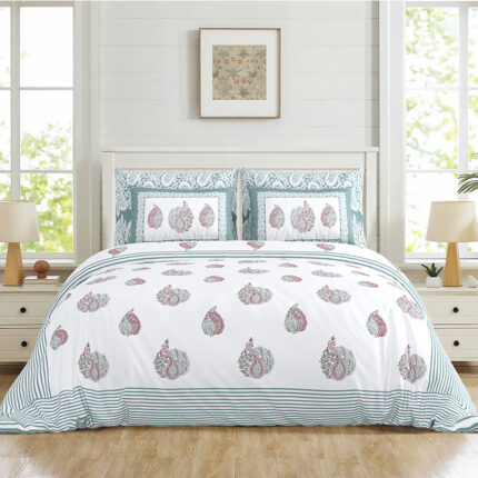 ARTISAN ELEGANCE ANTIQUE IVORY WITH PRUSSIAN BLUE WINGED CREATURE PATTERN PREMIUM ORGANIC COTTON ETHNIC BLOCK PRINTED BEDSHEET