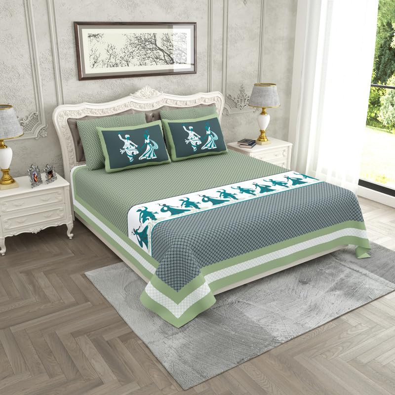SPIRITUAL DANDIYA OR GARBA NRITYA WITH GEOMETRICAL PATTERN IN ROYATEAL GREEN PREMIUM ORGANIC COTTON LUXURIOUS BEDSHEET