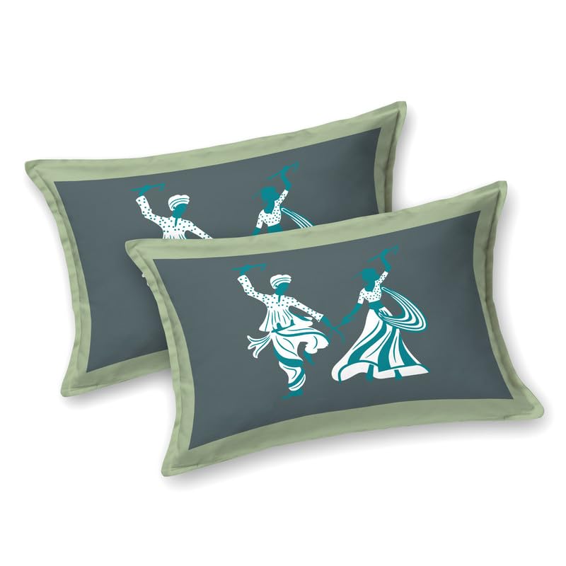 SPIRITUAL DANDIYA OR GARBA NRITYA WITH GEOMETRICAL PATTERN IN ROYATEAL GREEN PREMIUM ORGANIC COTTON LUXURIOUS BEDSHEET