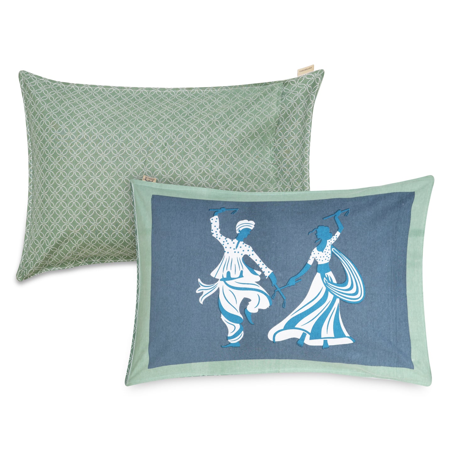 SPIRITUAL DANDIYA OR GARBA NRITYA WITH GEOMETRICAL PATTERN IN ROYATEAL GREEN PREMIUM ORGANIC COTTON LUXURIOUS BEDSHEET