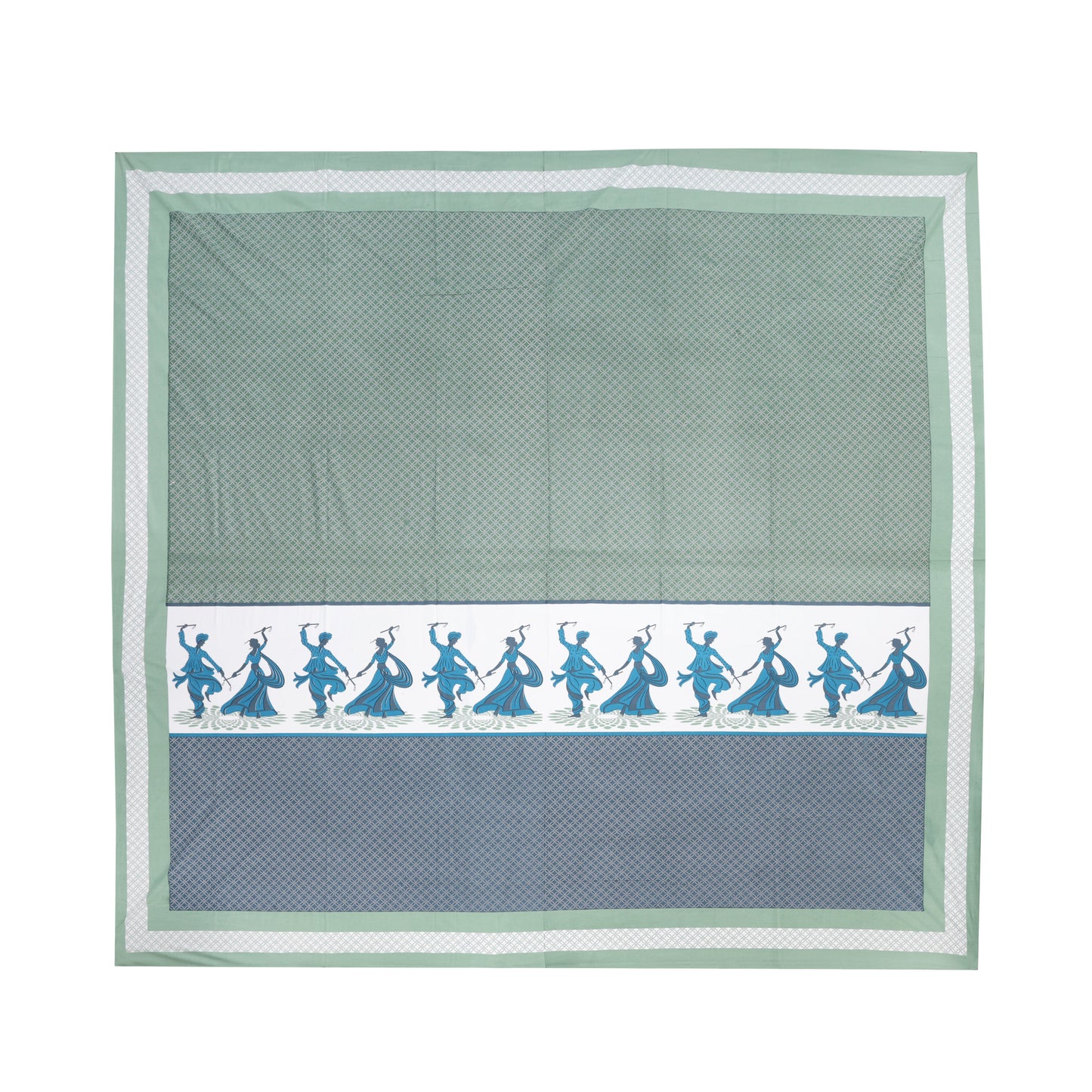 SPIRITUAL DANDIYA OR GARBA NRITYA WITH GEOMETRICAL PATTERN IN ROYATEAL GREEN PREMIUM ORGANIC COTTON LUXURIOUS BEDSHEET