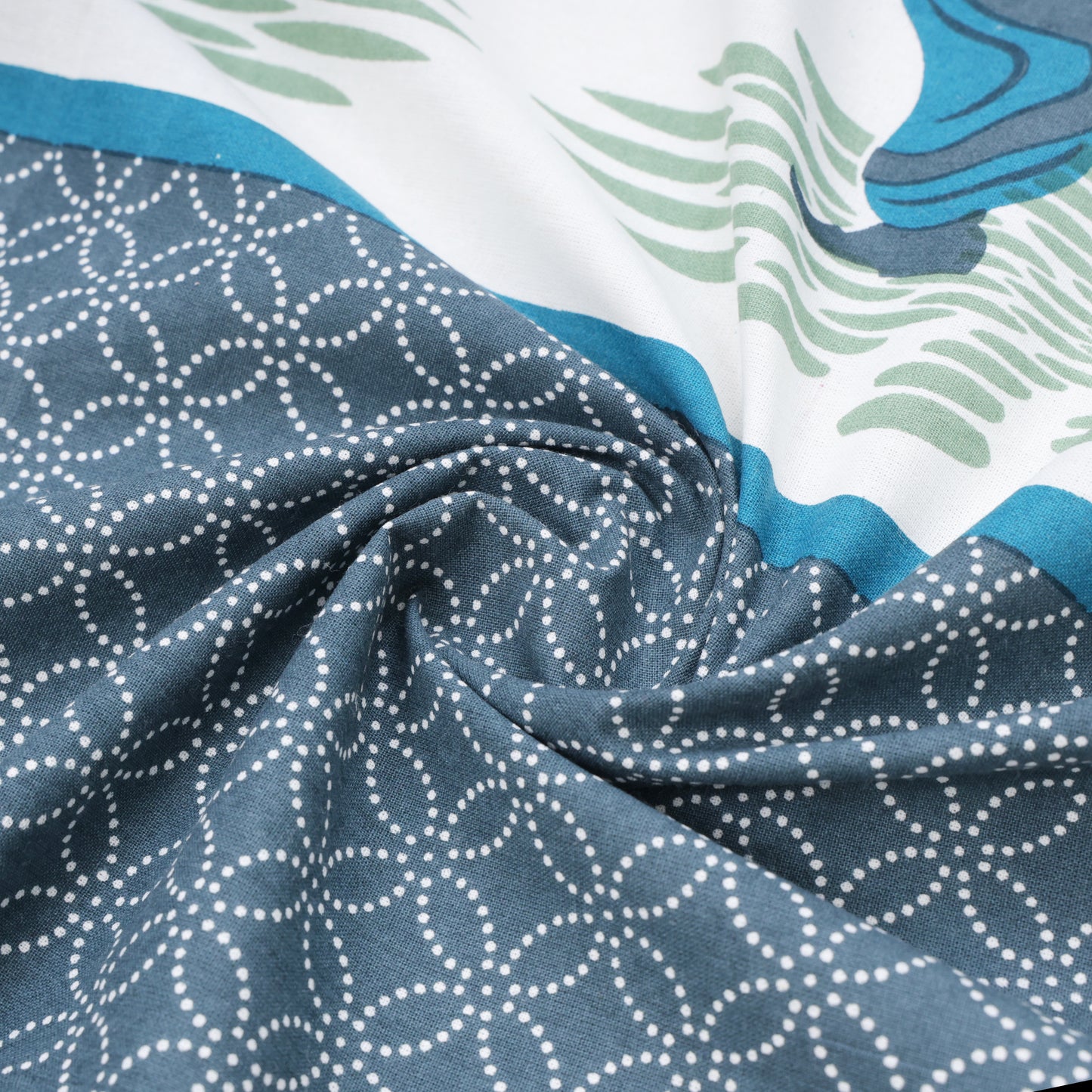 SPIRITUAL DANDIYA OR GARBA NRITYA WITH GEOMETRICAL PATTERN IN ROYATEAL GREEN PREMIUM ORGANIC COTTON LUXURIOUS BEDSHEET