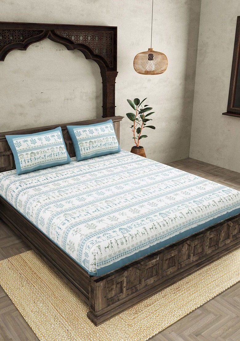 ANTIQUE WORLI PAINTING WITH GEOMETRICAL FOLK IN AZURE COLOR ART PATTERN IN PREMIUM ORGANIC COTTON LUXURIOUS BEDSHEET