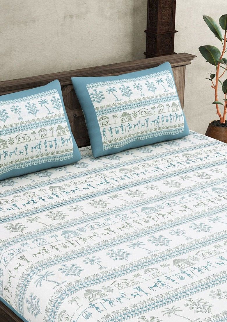 ANTIQUE WORLI PAINTING WITH GEOMETRICAL FOLK IN AZURE COLOR ART PATTERN IN PREMIUM ORGANIC COTTON LUXURIOUS BEDSHEET