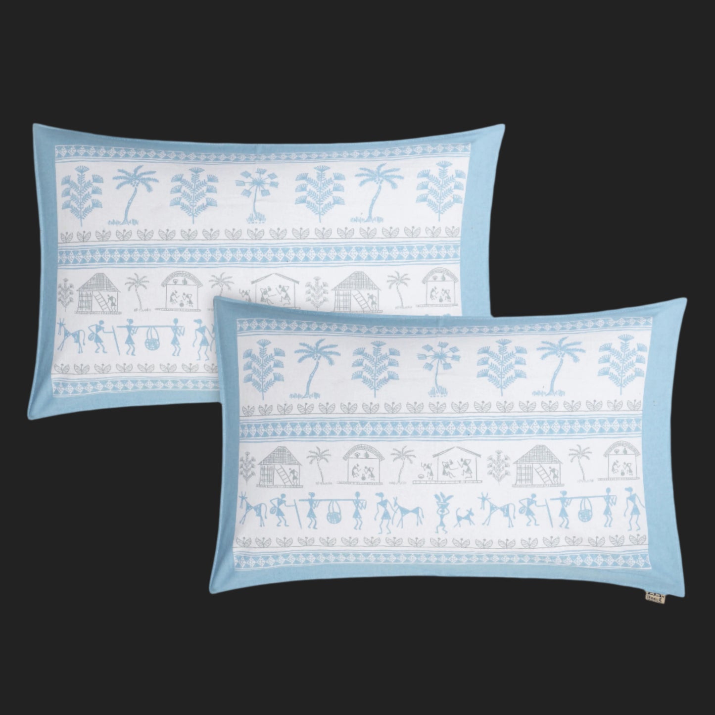 ANTIQUE WORLI PAINTING WITH GEOMETRICAL FOLK IN AZURE COLOR ART PATTERN IN PREMIUM ORGANIC COTTON LUXURIOUS BEDSHEET