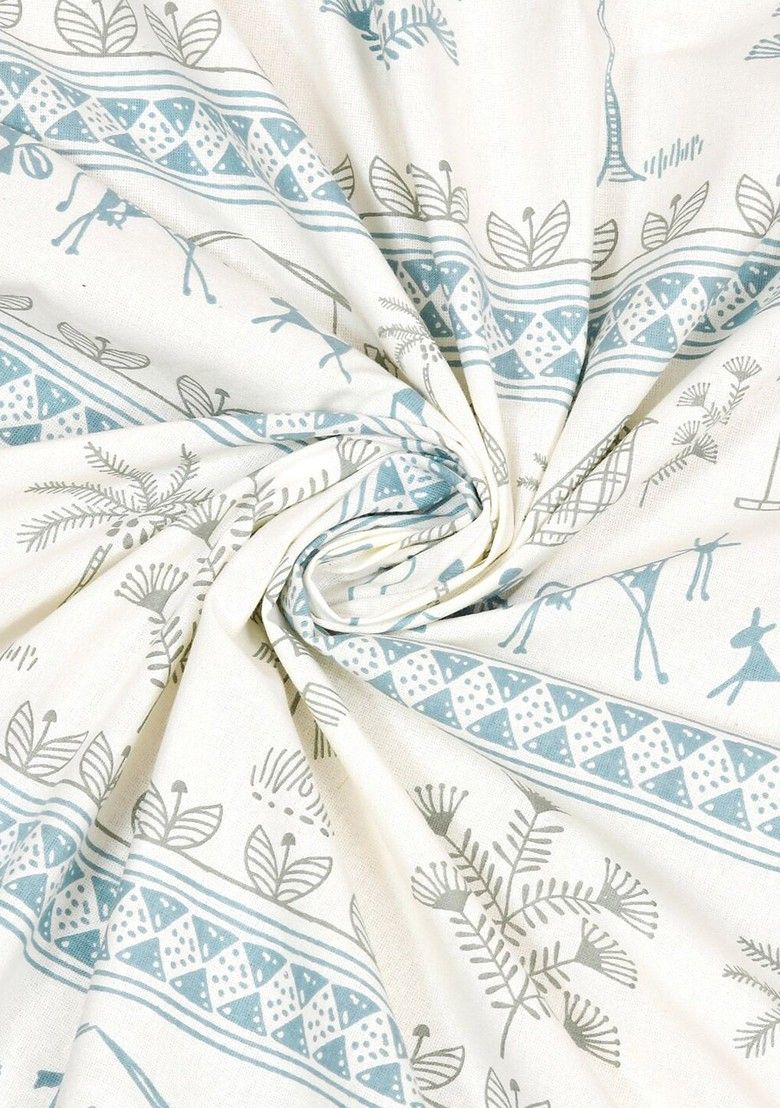 ANTIQUE WORLI PAINTING WITH GEOMETRICAL FOLK IN AZURE COLOR ART PATTERN IN PREMIUM ORGANIC COTTON LUXURIOUS BEDSHEET