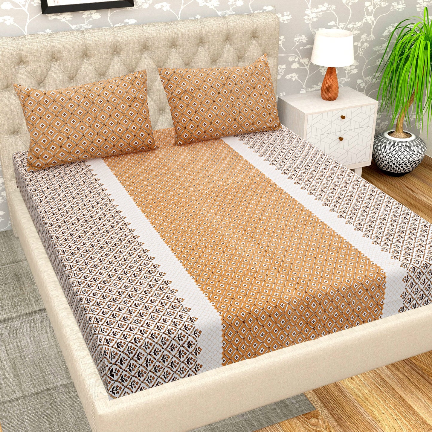 GOLDEN MAHOGANY IMPERIAL TOPAZ MATHEMATICAL ABSTRACT & SLATE HEU EMPIRE PLANT PATTERN PREMIUM ORGANIC COTTON ETHNIC BLOCK PRINTED BEDSHEET