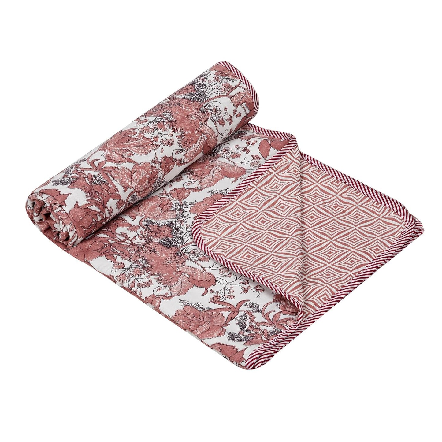 PREMIUM ORGANIC COTTON REVERSIBLE DOHAR - THREE-LAYERED BOTANICAL & GEOMETRIC PATTERN WITH SHIMMERING BLUSH AND INSULATING FALTEN FOR ALL-WEATHER COMFORT