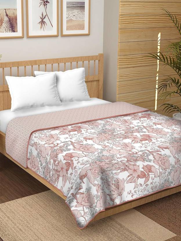 PREMIUM ORGANIC COTTON REVERSIBLE DOHAR - THREE-LAYERED BOTANICAL & GEOMETRIC PATTERN WITH SHIMMERING BLUSH AND INSULATING FALTEN FOR ALL-WEATHER COMFORT