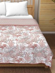 PREMIUM ORGANIC COTTON REVERSIBLE DOHAR - THREE-LAYERED BOTANICAL & GEOMETRIC PATTERN WITH SHIMMERING BLUSH AND INSULATING FALTEN FOR ALL-WEATHER COMFORT