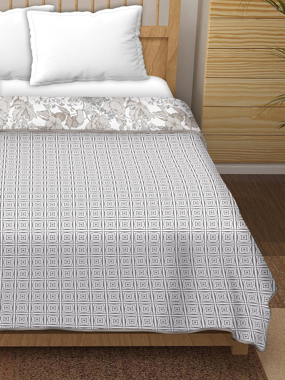 PREMIUM ORGANIC COTTON REVERSIBLE DOHAR - THREE-LAYERED BOTANICAL & GEOMETRIC PATTERN WITH SLATE HUE AND INSULATING FALTEN FOR ALL-WEATHER COMFORT.