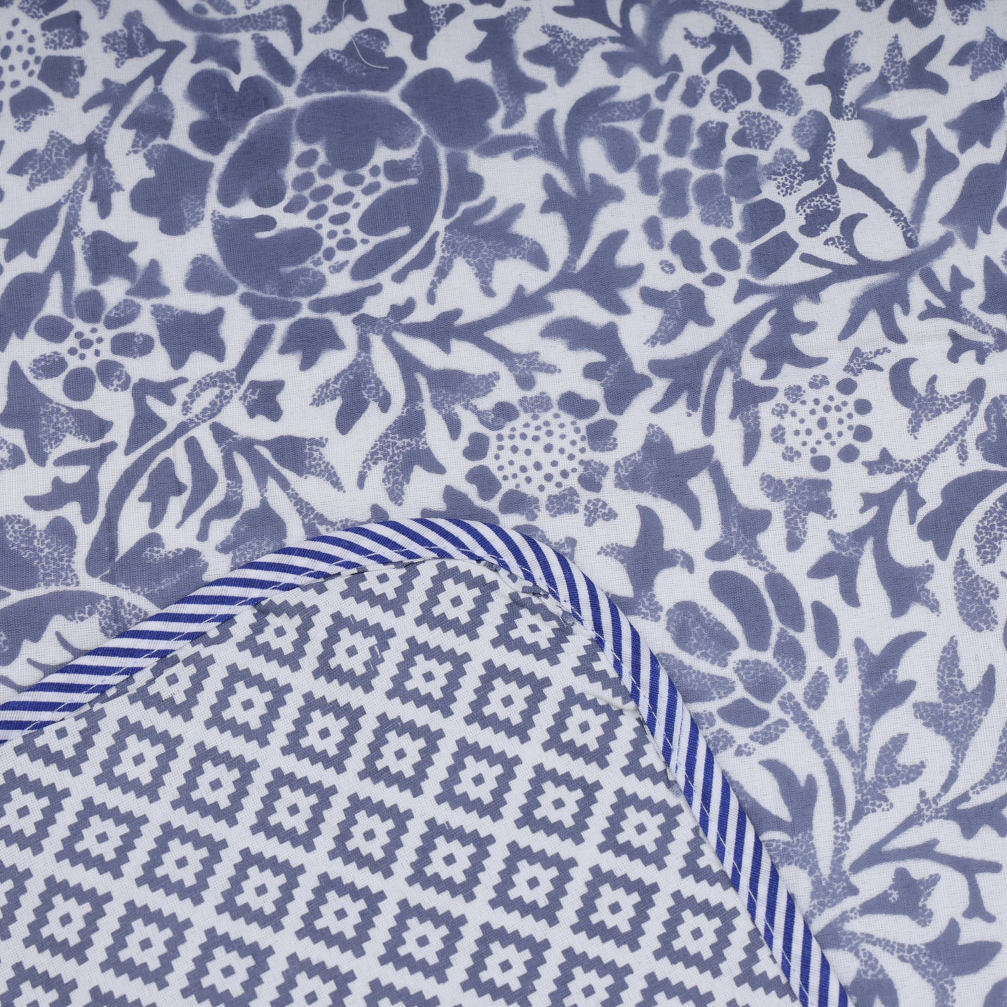PREMIUM ORGANIC COTTON REVERSIBLE DOHAR - THREE-LAYERED BOTANICAL & GEOMETRIC PATTERN WITH PRUSSIAN BLUE HUE AND INSULATING FOR ALL-WEATHER COMFORT.